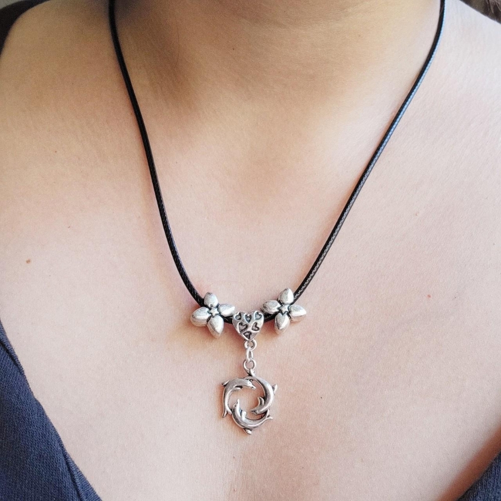 Classic Black Cord Silver Dolphin Flower Necklace